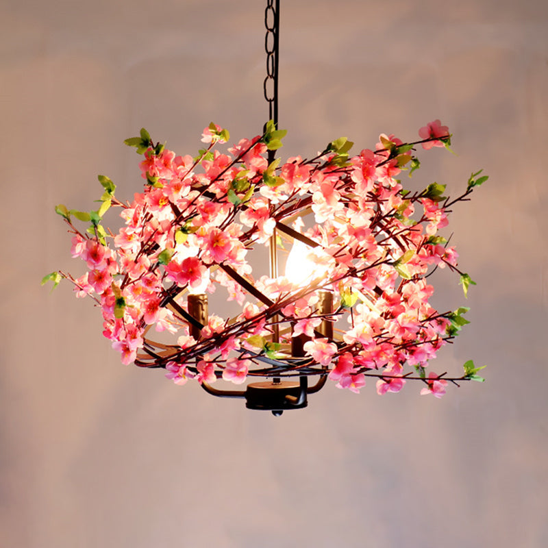 Metallic Cage Suspension Light Retro 4 Bulbs Restaurant Chandelier Light with Decorative Flower in Pink