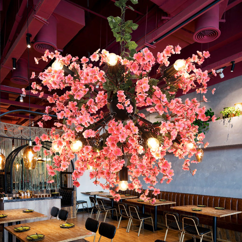 13 Heads Iron Ceiling Lighting Vintage Pink Starburst Restaurant Chandelier Light Fixture with Cherry Blossom Decor