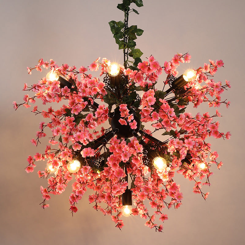 13 Heads Iron Ceiling Lighting Vintage Pink Starburst Restaurant Chandelier Light Fixture with Cherry Blossom Decor