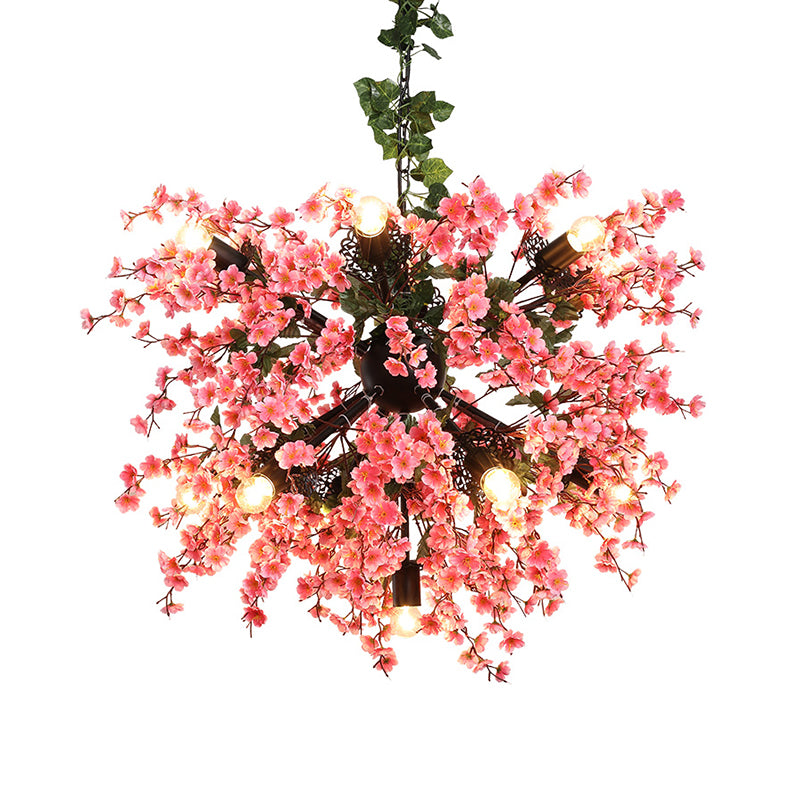 13 Heads Iron Ceiling Lighting Vintage Pink Starburst Restaurant Chandelier Light Fixture with Cherry Blossom Decor