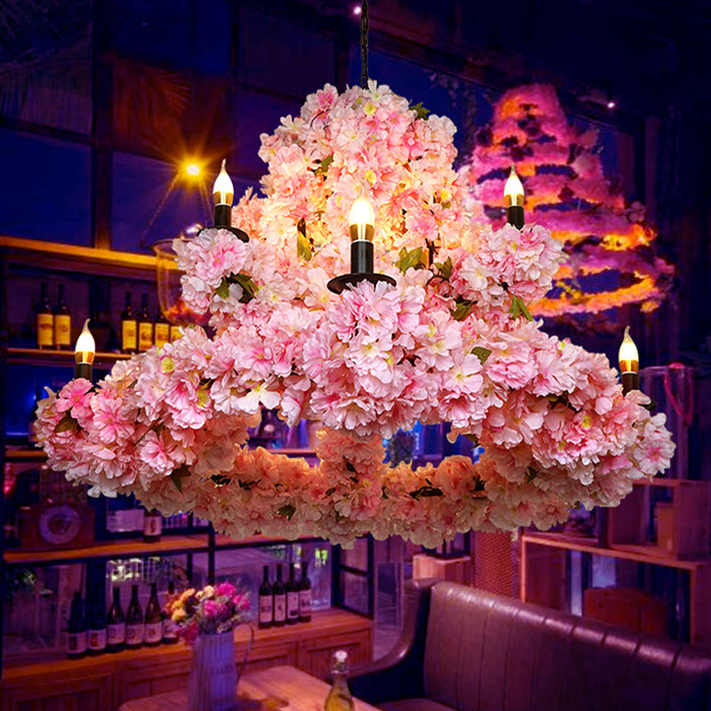 9 Bulbs Suspension Light Rustic Candlestick Metallic Chandelier Light with Cherry Blossom Decor in Pink