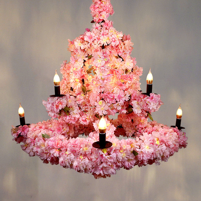 9 Bulbs Suspension Light Rustic Candlestick Metallic Chandelier Light with Cherry Blossom Decor in Pink