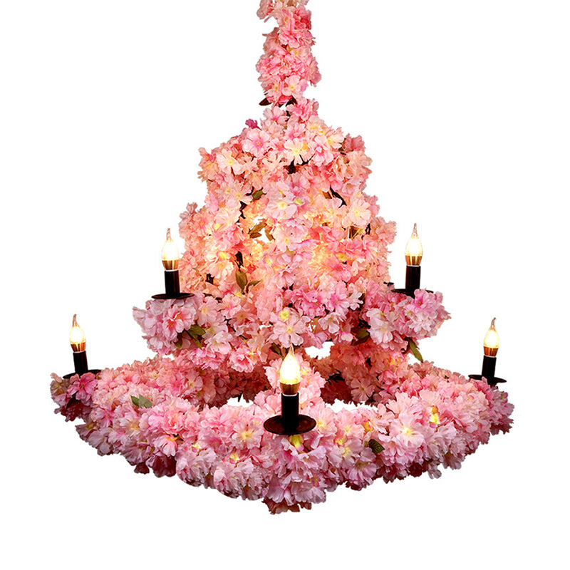 9 Bulbs Suspension Light Rustic Candlestick Metallic Chandelier Light with Cherry Blossom Decor in Pink