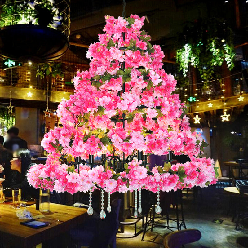 Conical Iron Chandelier Lighting Retro 14 Heads Restaurant Pendant Light with Artificial Cherry Blossom