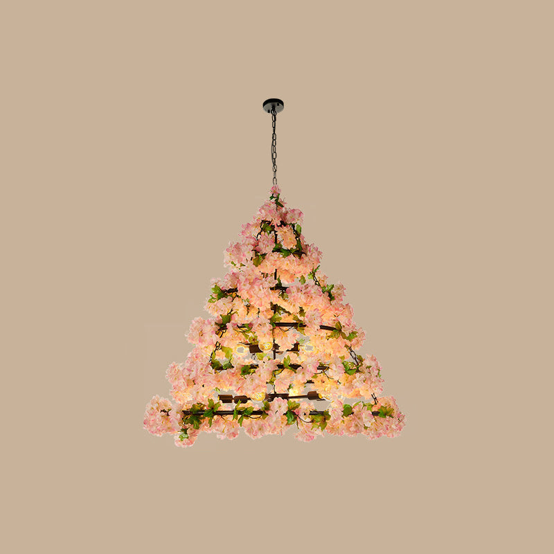 Iron Cone Cage Ceiling Lighting Industrial Restaurant Chandelier Light Fixture with Artificial Flower