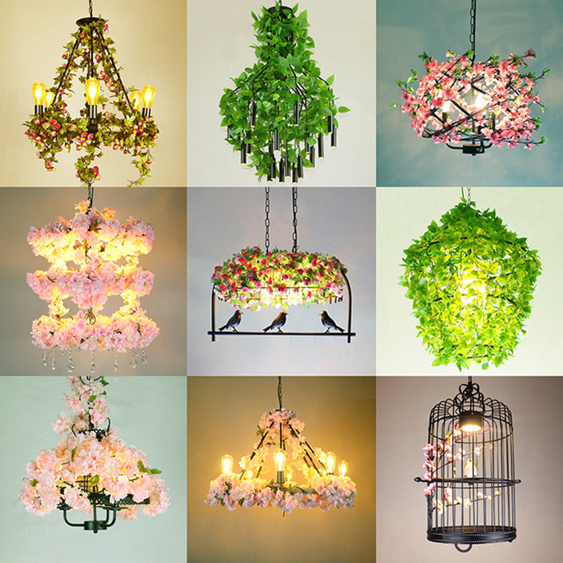 Single-Bulb Pendant Light Antique Cage Iron Hanging Light Fixture with Decorative Plant