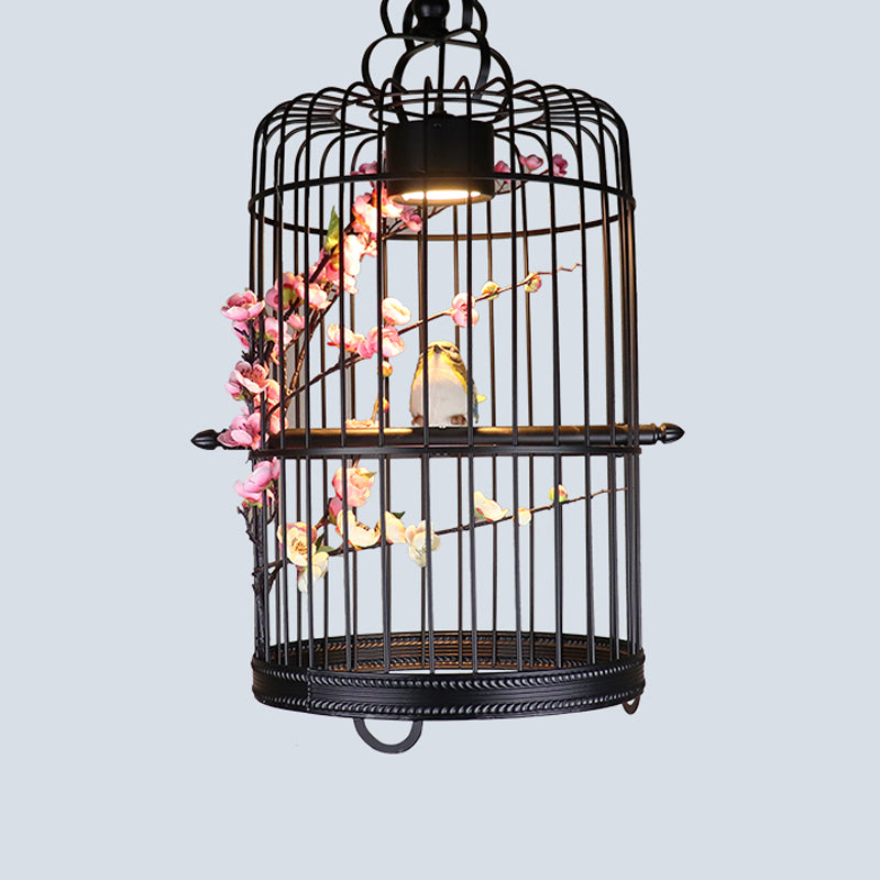 Single-Bulb Pendant Light Antique Cage Iron Hanging Light Fixture with Decorative Plant