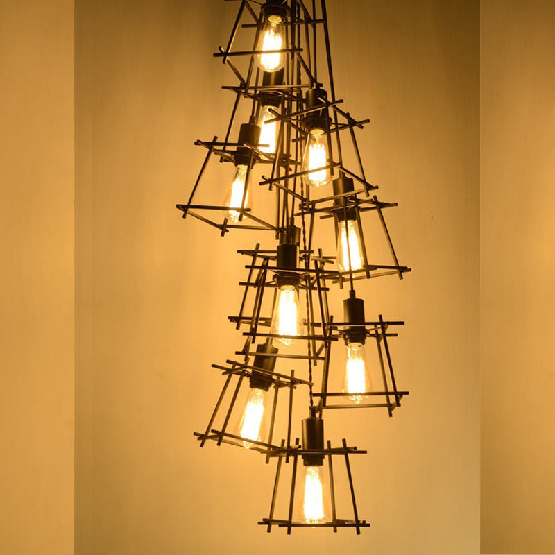 Metalen vierkante gekooide hangende kroonluchter industrieel 10-licht eetkamer hanglamp in zwart