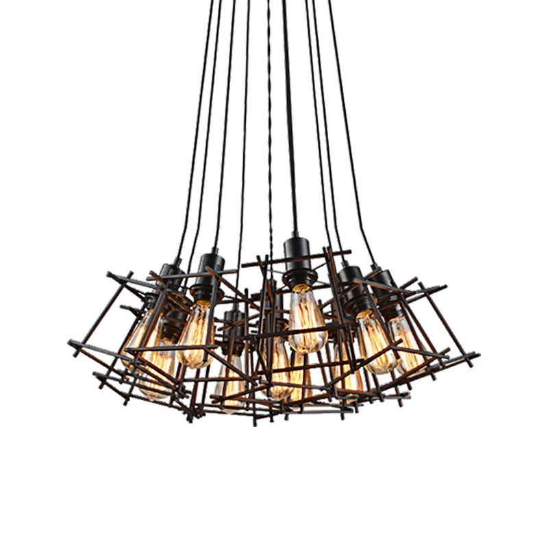 Metal Square Caged Hanging Chandelier Industrial 10-Light Dining Room Pendant Light in Black