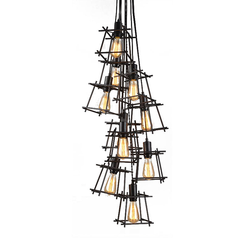 Metal Square Caged Hanging Chandelier Industrial 10-Light Dining Room Pendant Light in Black