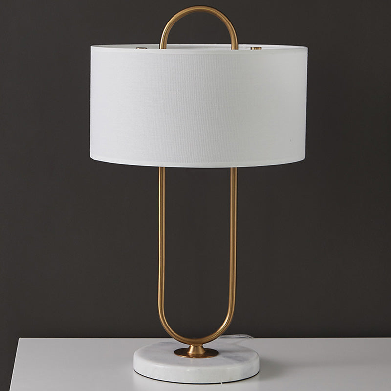 Oblong Shaped Bedside Table Lamp Metallic Modern Night Light with Marble Base and Drum Fabric Shade