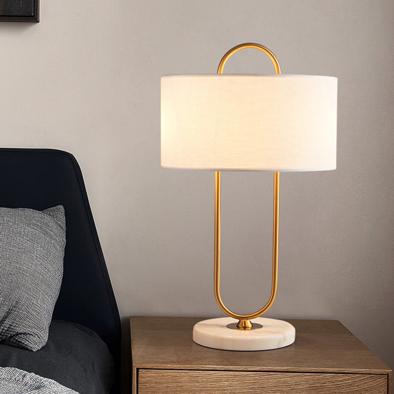 Oblong Shaped Bedside Table Lamp Metallic Modern Night Light with Marble Base and Drum Fabric Shade