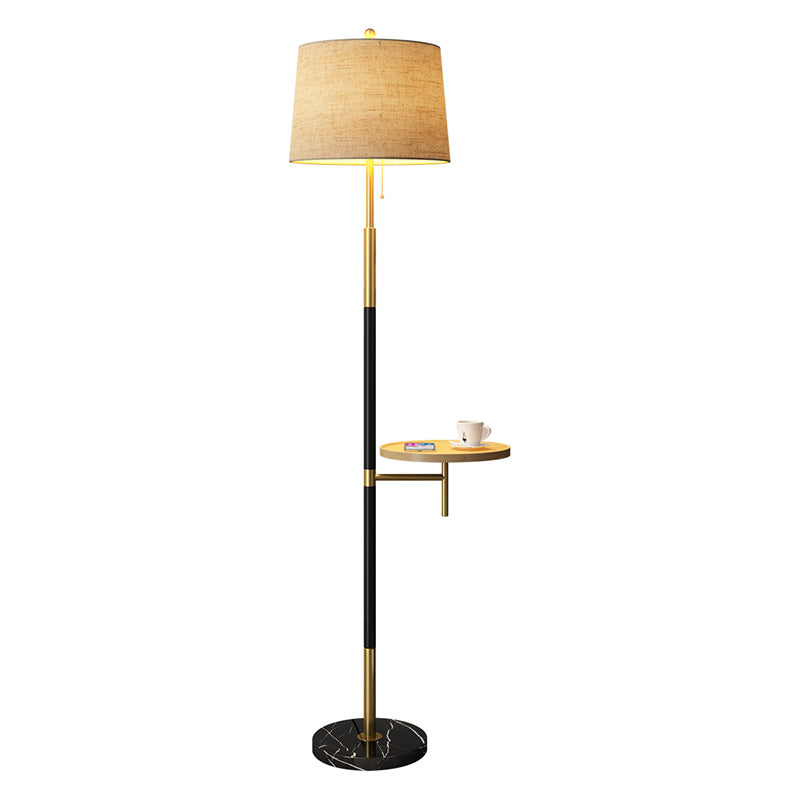 Stoffen Empire Shade Vloer Lamp Traditionele enkele woonkamer Pullketting Standlicht met houten dienblad in goudzwart