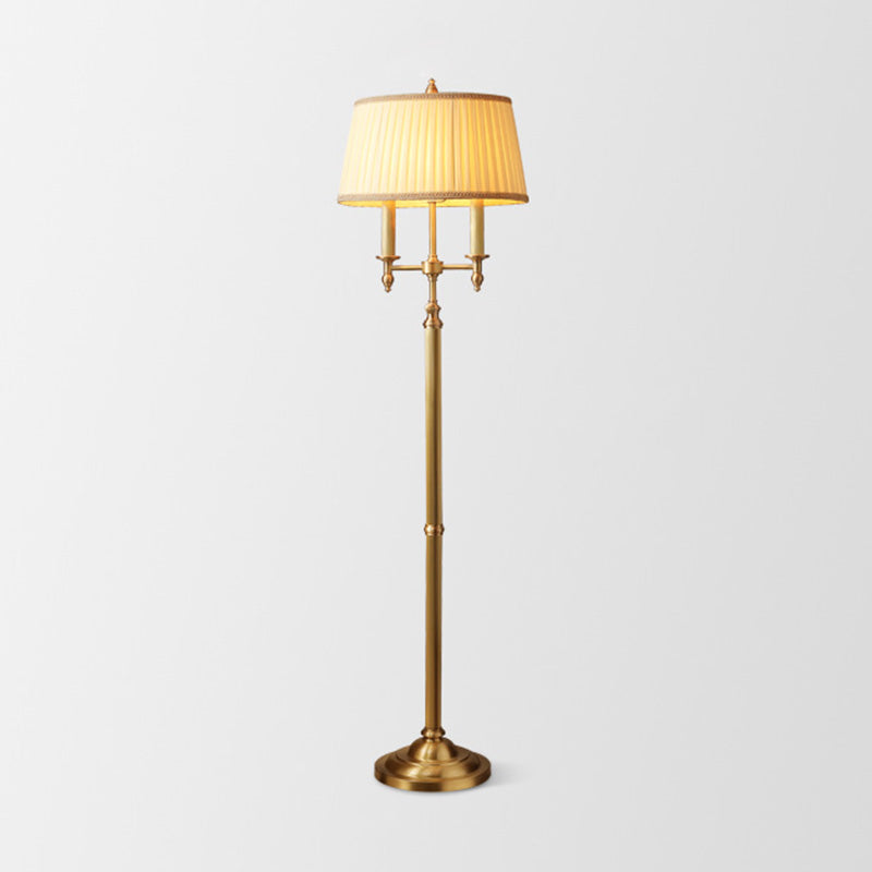 Gouden Candelabra Standing Light Vintage Metallic 2 Bollen woonkamer vloerlamp met geplooide Empire Shade