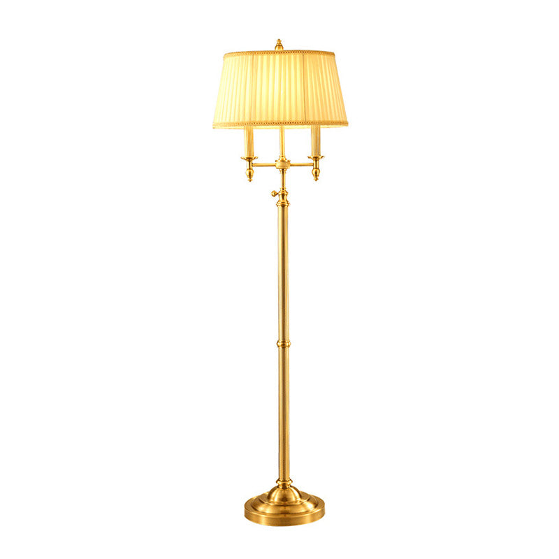 Candélabre d'or debout léger vintage métallique 2 bulbes lampadaire de salon avec teinte empire plissée