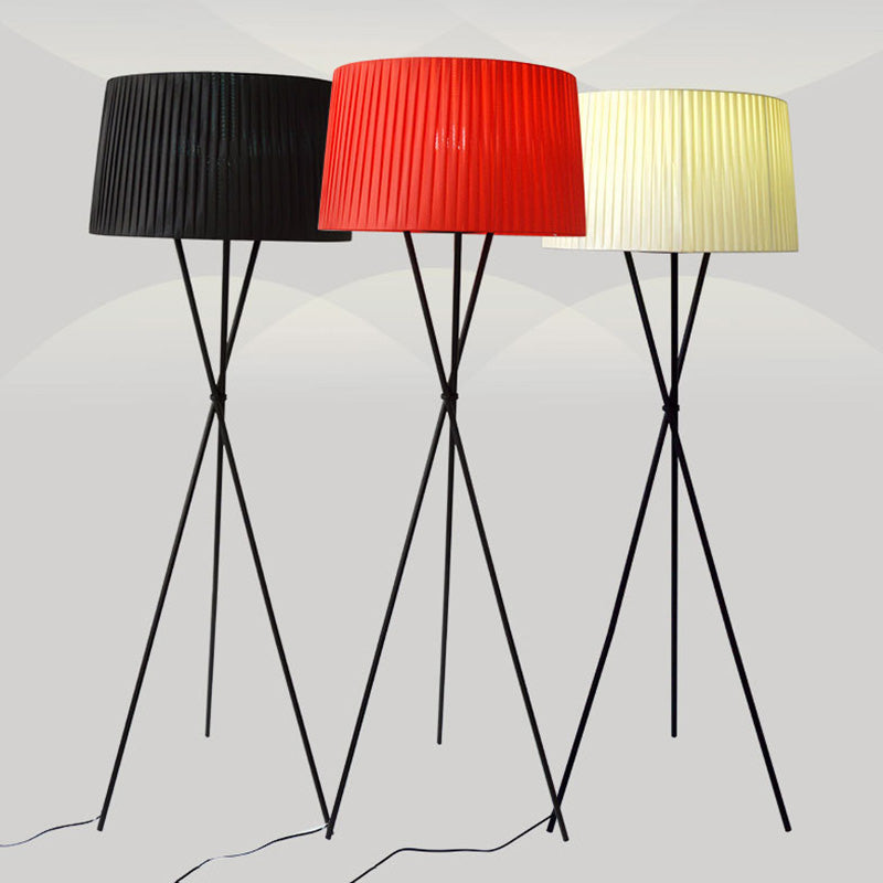 Traditional Pleated Drum Shade Floor Light Single-Bulb Fabric Standing Lamp with Metallic Tripod