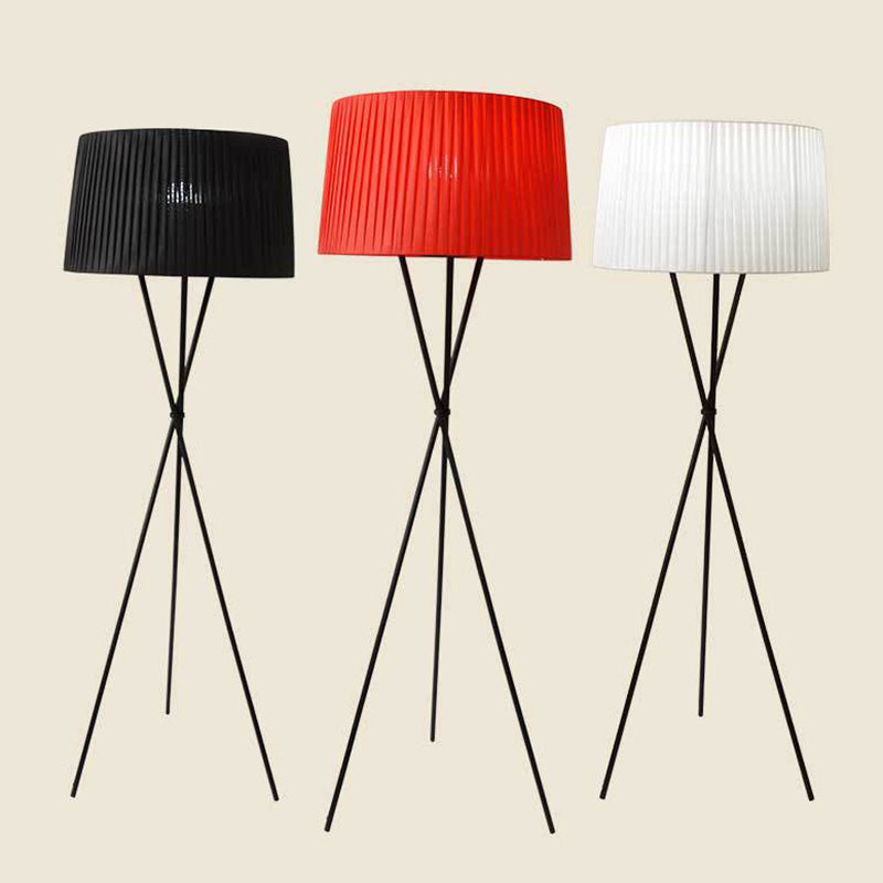 Traditional Pleated Drum Shade Floor Light Single-Bulb Fabric Standing Lamp with Metallic Tripod