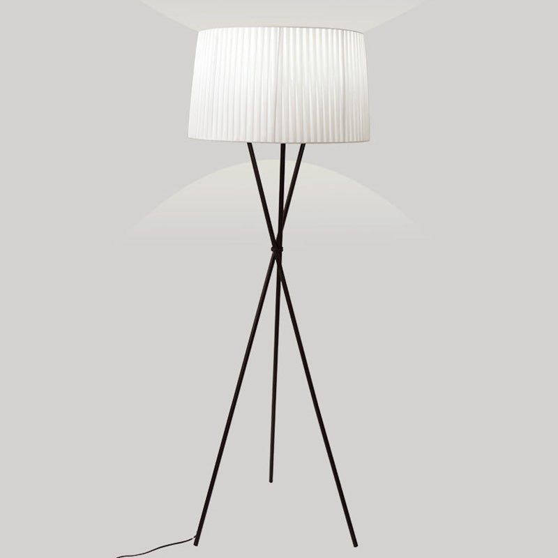 Traditional Pleated Drum Shade Floor Light Single-Bulb Fabric Standing Lamp with Metallic Tripod