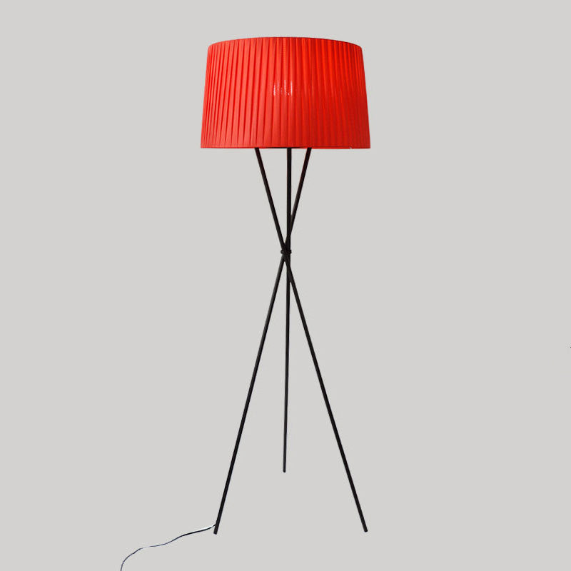 Traditional Pleated Drum Shade Floor Light Single-Bulb Fabric Standing Lamp with Metallic Tripod