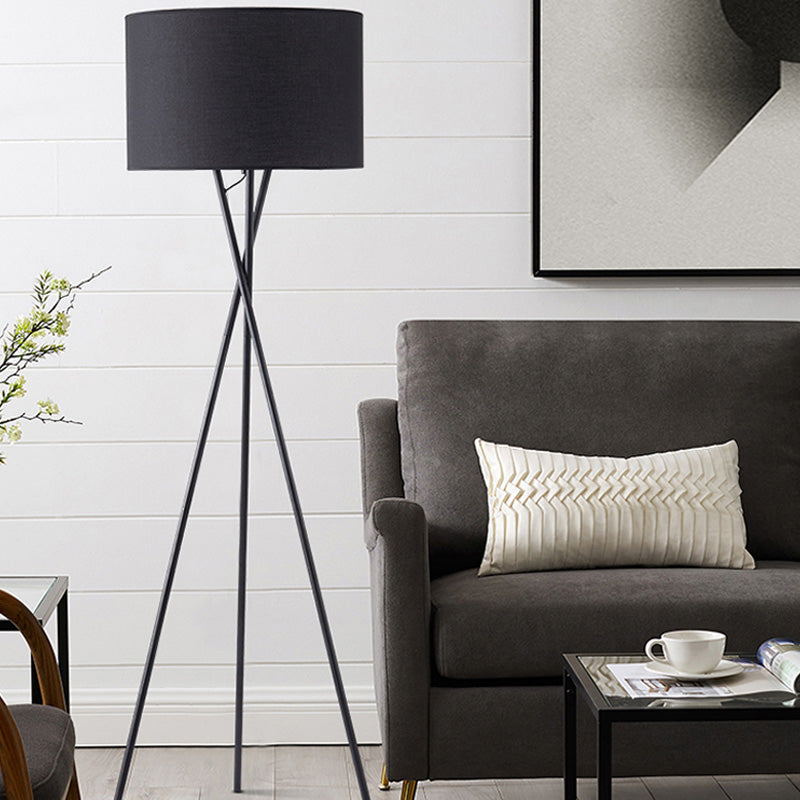 1-Light Standing Light Vintage Tripod Metal Floor Lamp with Drum Fabric Shade for Living Room