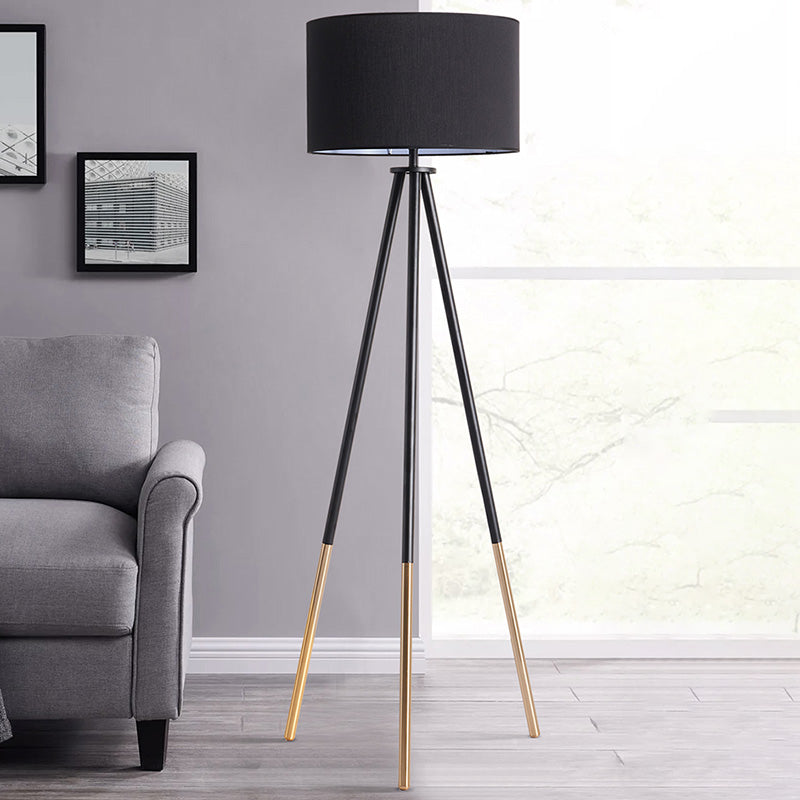 Metal Tripod Shaped Floor Light Simplicity 1-Bulb Living Room Standing Lamp with Drum Fabric Shade