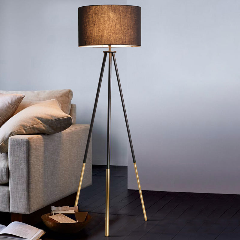 Metal Tripod Shaped Floor Light Simplicity 1-Bulb Living Room Standing Lamp with Drum Fabric Shade