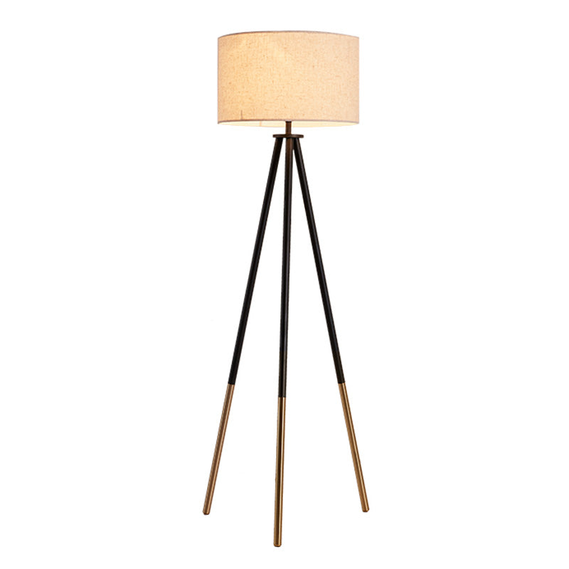 Metal Tripod Shaped Floor Light Simplicity 1-Bulb Living Room Standing Lamp with Drum Fabric Shade