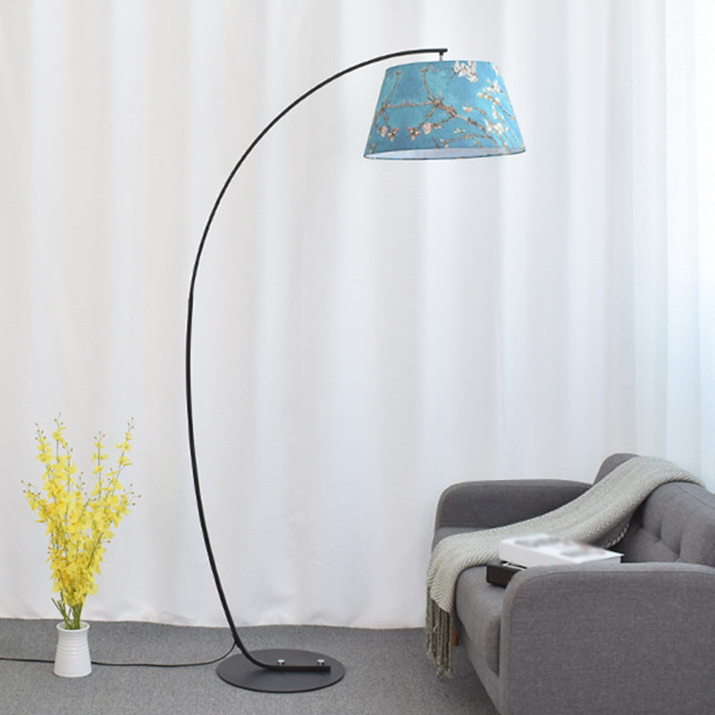 Tapered Drum Shaped Fabric Standing Light Vintage Single Living Room Arched Floor Lamp