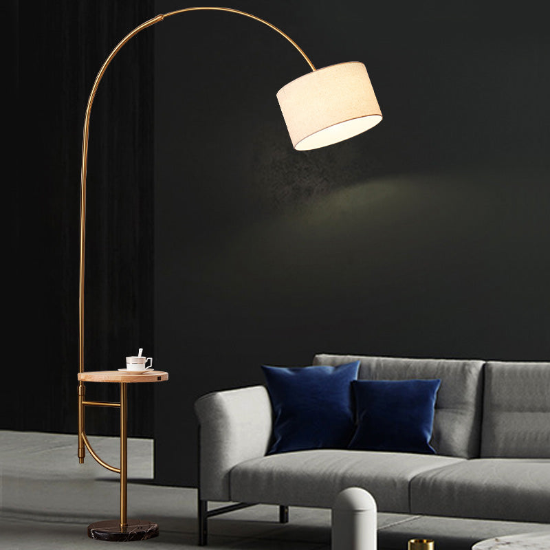 Metallic Arched Floor Lighting Minimalism 1 Head Living Room Standing Floor Lamp with Drum Fabric Shade in Gold