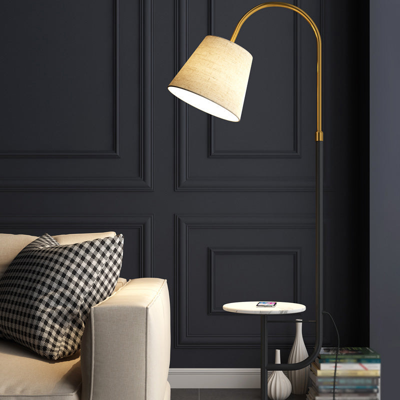 Gold-Black Cone Shaped Arched Floor Light Simplicity Fabric 1 Bulb Living Room Standing Lamp with Tray