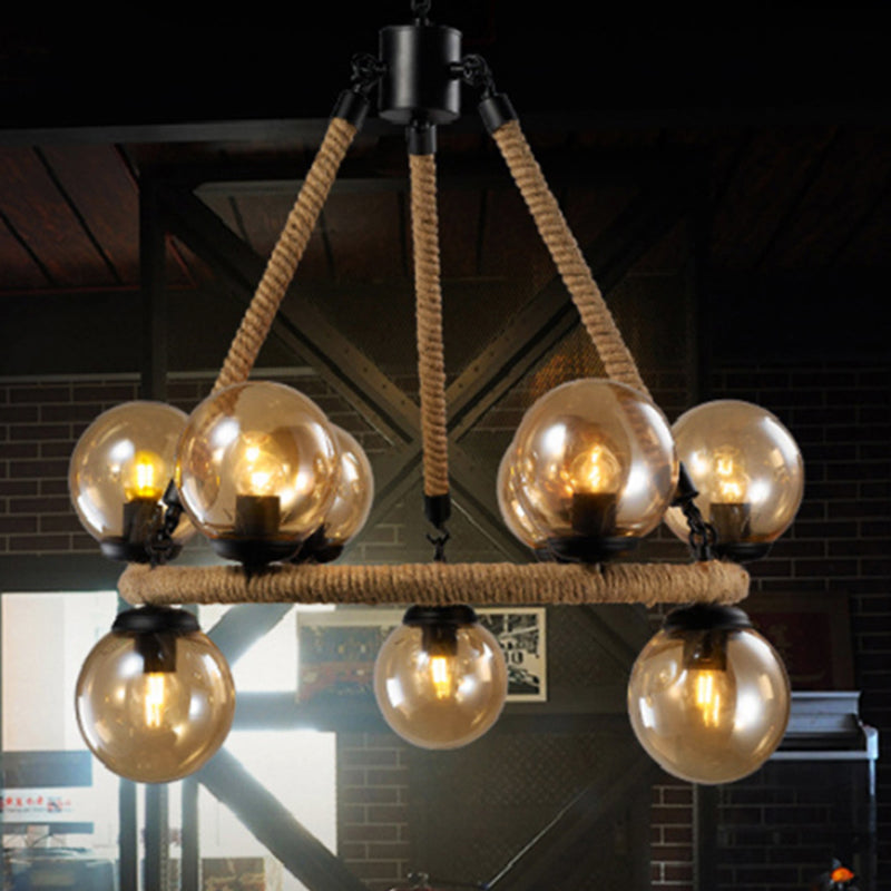 9 Bulbs Ring Chandelier Light Industrial Black Metal Hanging Ceiling Fixture with Gray Glass Globe Shade