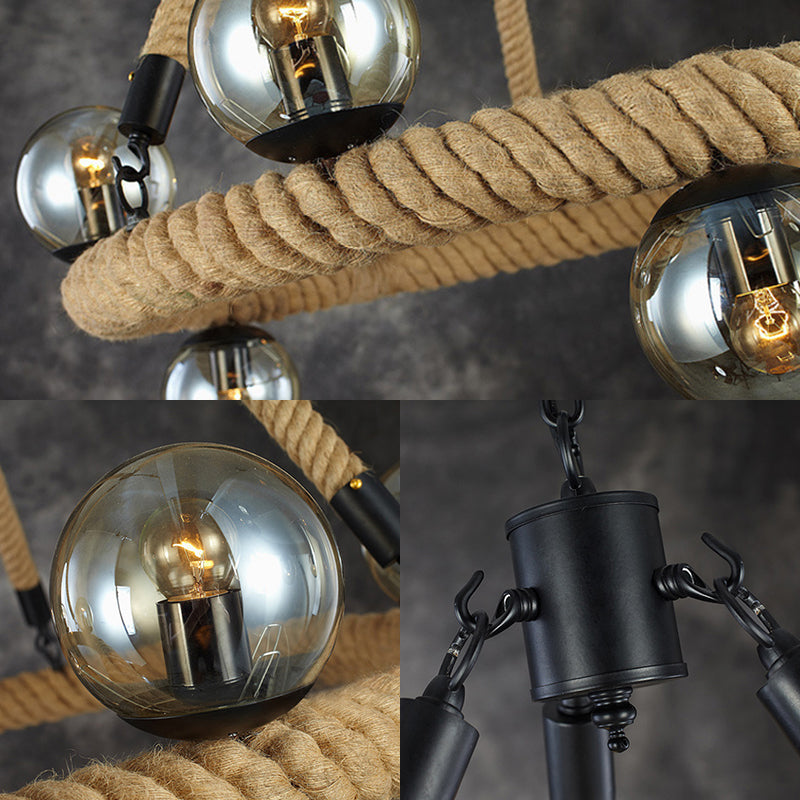 9 Bulbs Ring Chandelier Light Industrial Black Metal Hanging Ceiling Fixture with Gray Glass Globe Shade