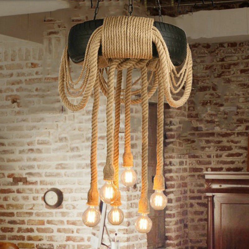 Rope Black Pendant Lamp Tyre 6 Lights Industrial Chandelier Light Fixture for Coffee Shop