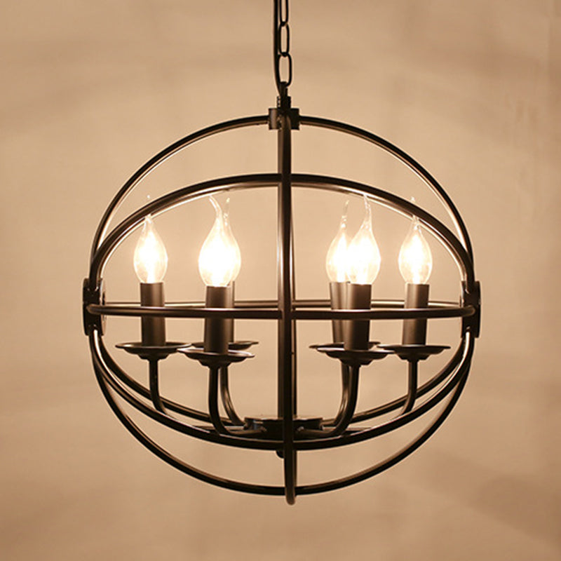 6-Light Metal Hanging Chandelier Industrial Black Candle Dining Room Pendant Light Fixture with Globe Design