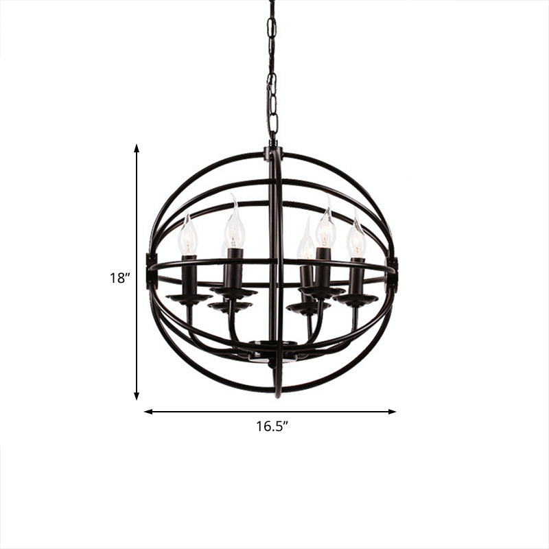 Candelera de metal de 6 luces Candilla negra industrial Comedor de comedor Luz de encuesta con diseño de globo