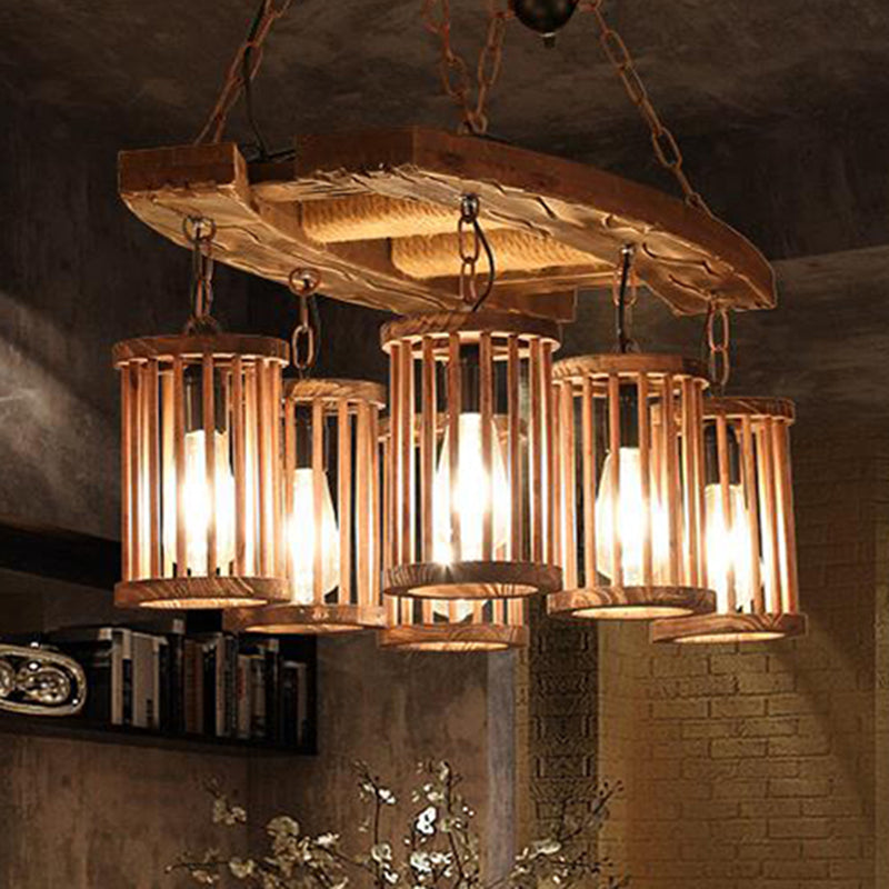 6-Light Wood Hanging Chandelier Vintage Black Cylinder Dining Room Pendant Light Fixture