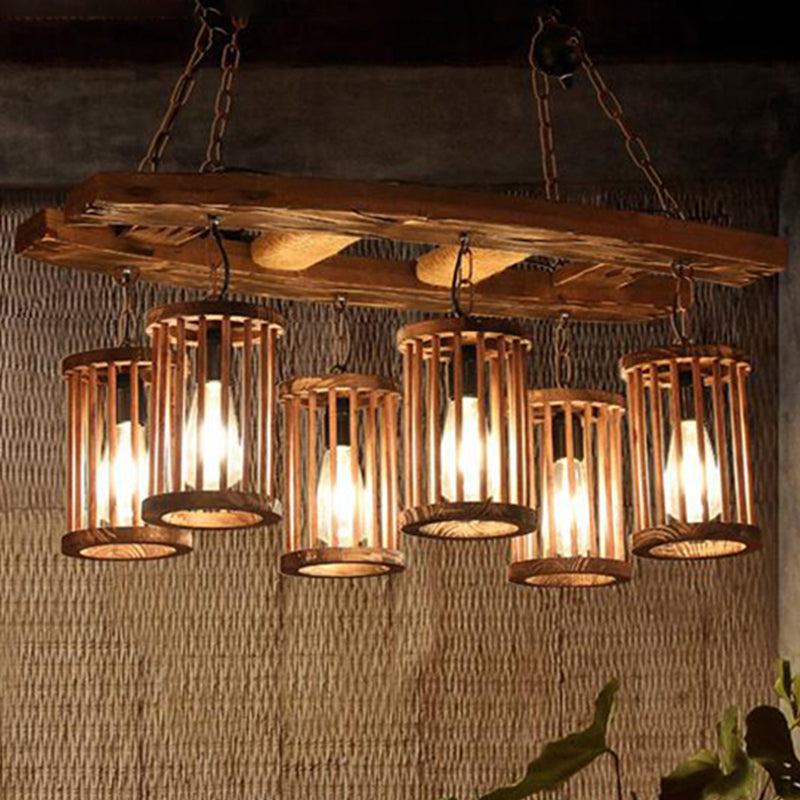 6-Light Wood Hanging Chandelier Vintage Black Cylinder Dining Room Pendant Light Fixture