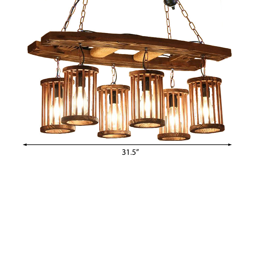 6-Light Wood Hanging Chandelier Vintage Black Cylinder Dining Room Pendant Light Fixture