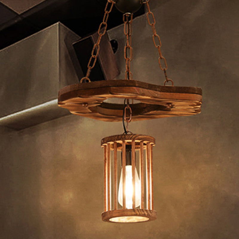 1 Light Cylinder Pendant Lighting Factory Black Wooden Hanging Light Fixture with Frame and Chain