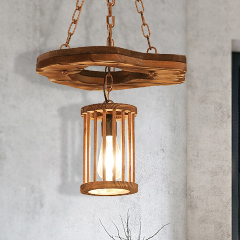 1 Light Cylinder Pendant Lighting Factory Black Wooden Hanging Light Fixture with Frame and Chain