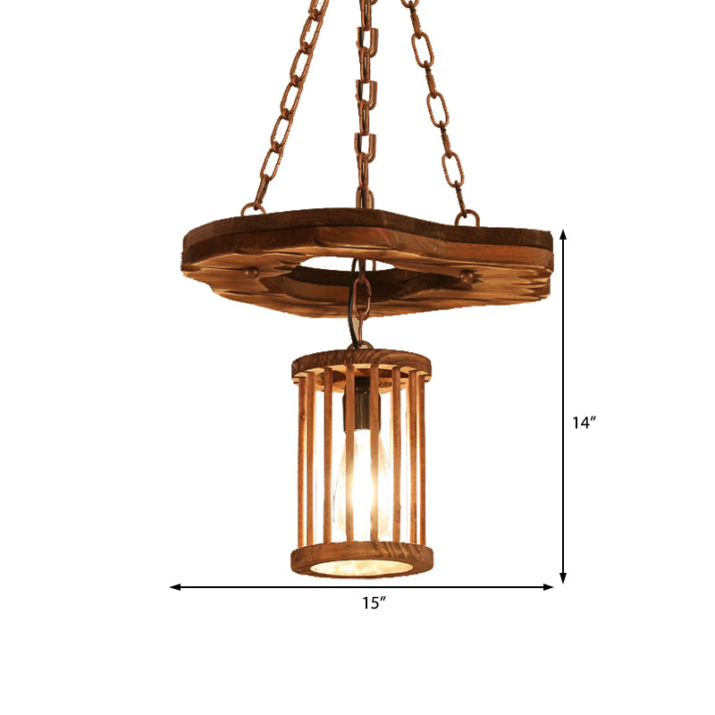 1 Light Cylinder Pendant Lighting Factory Black Wooden Hanging Light Fixture with Frame and Chain