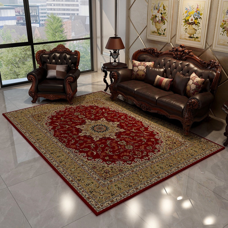 Oriental Floral Frame Rug Dark Color Polypropylene Rug Machine Washable Anti-Slip Backing Stain Resistant Area Carpet for Family Room