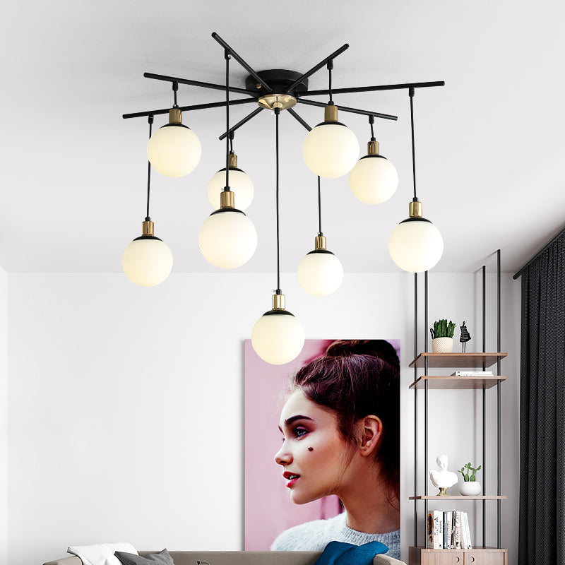 Black Starburst Chandelier Light Modern 4/7/9 Light Opal Glass Hanging Lamp for Bedroom