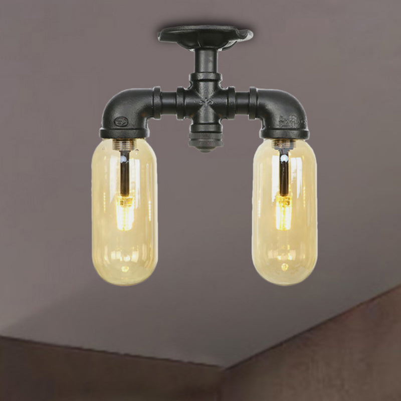 2-Bulb Ceiling Lighting Industrial Capsule Amber Glass Semi Flush Mount Light in Matte Black with Pipe Design