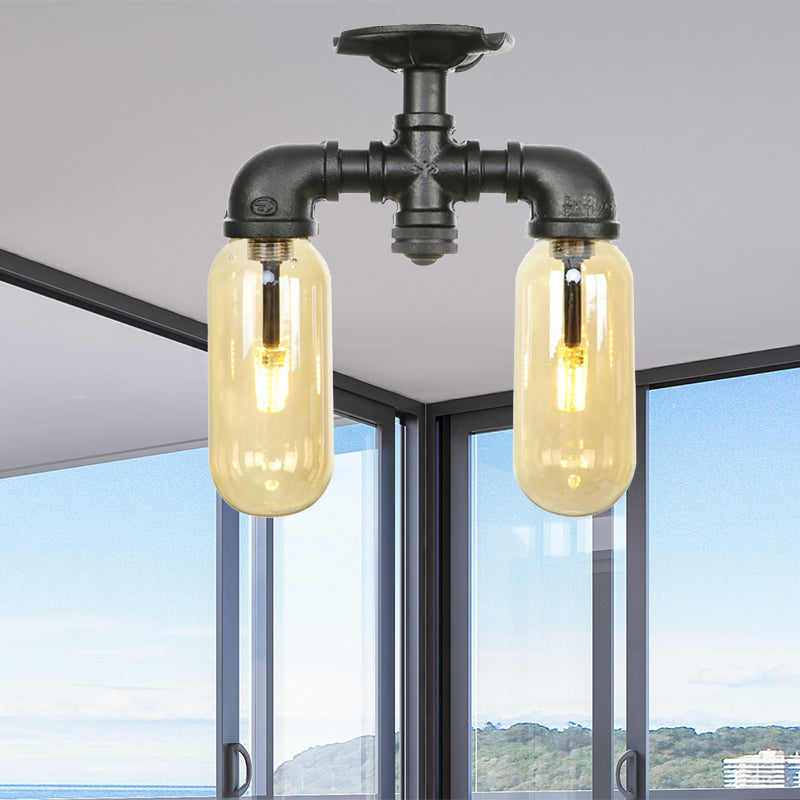 2-Bulb Ceiling Lighting Industrial Capsule Amber Glass Semi Flush Mount Light in Matte Black with Pipe Design