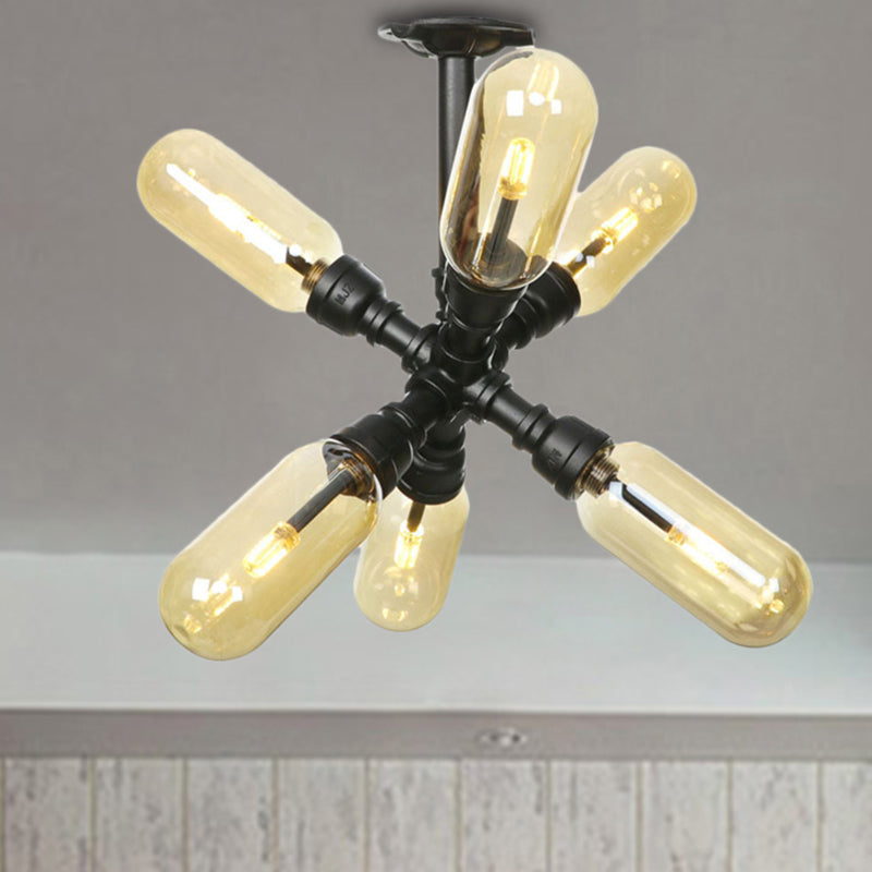 Amber Glass Ceiling Light Fixture Capsule Shade 4/5/6 Light Rustic Kitchen Semi Flush in Matte Black with Pipe Design