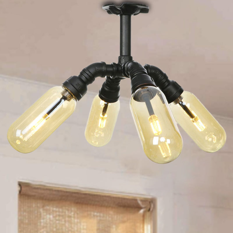 Amber Glass Ceiling Light Fixture Capsule Shade 4/5/6 Light Rustic Kitchen Semi Flush in Matte Black with Pipe Design