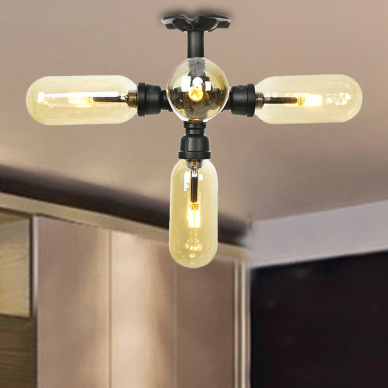 Amber Glass Ceiling Light Fixture Capsule Shade 4/5/6 Light Rustic Kitchen Semi Flush in Matte Black with Pipe Design