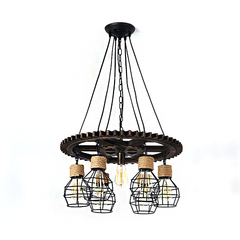 Black Wagon Wheel Chandelier Lamp Industrial Metal 5/7-Light Living Room Hanging Light