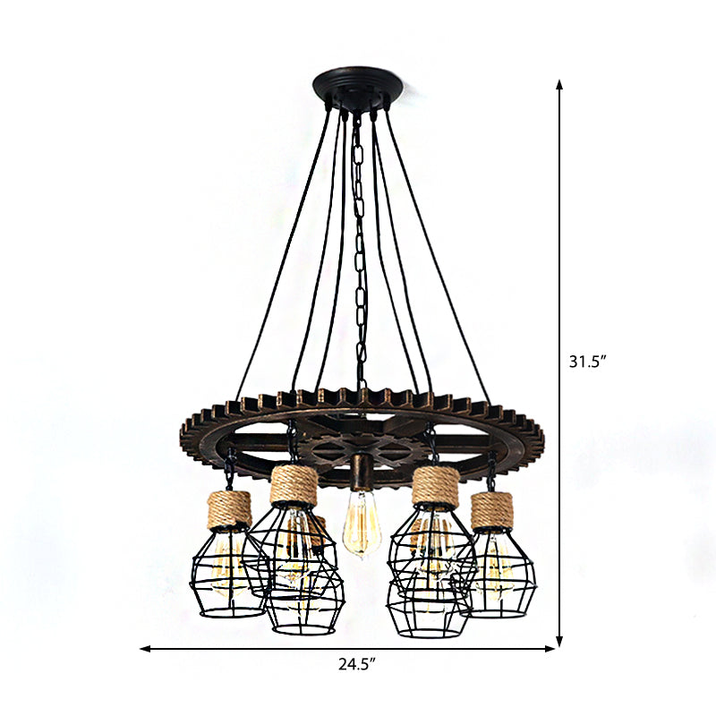 Black Wagon Wheel Chandelier Lamp Industrial Metal 5/7-Light Living Room Hanging Light